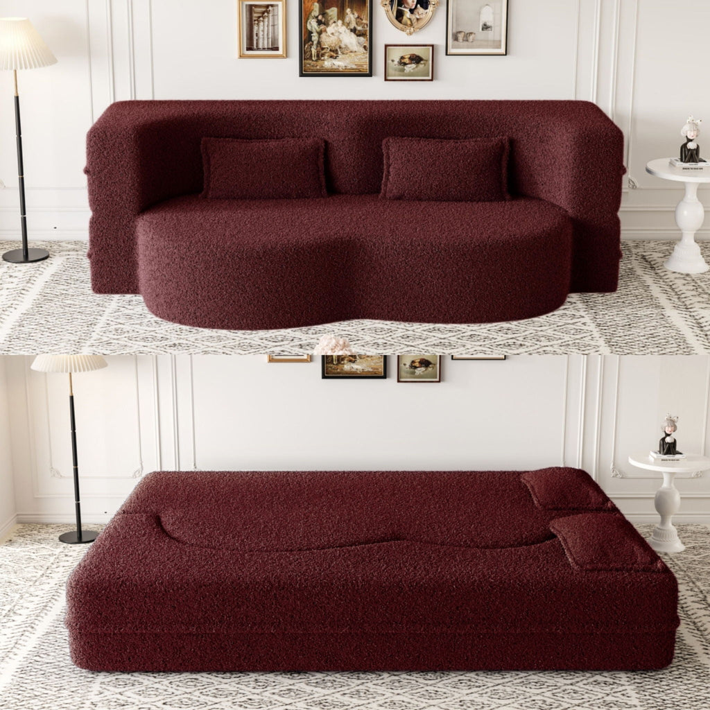 Modern Floor Sofa, With 2 Pillows, Convertible Teddy Fabric Foam Filled Bed